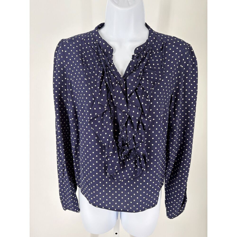 ZARA Navy Polka Dot Ruffle Blouse Women’s Long Sleeve Tie Neck Romantic Top
